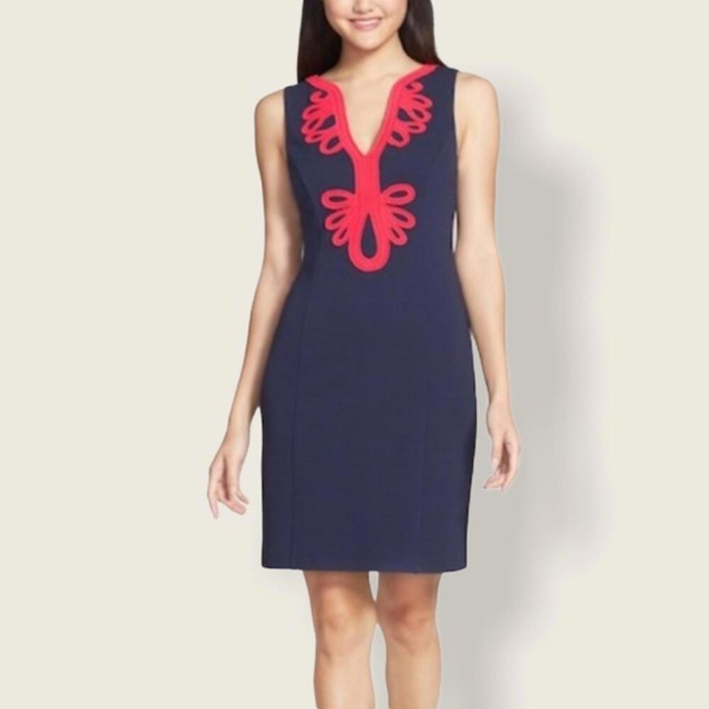 Lilly Pulitzer Navy Sheath Midi Dress with Coral Trim
